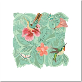 Hummingbird Hibiscus Butterflies Green leaves Vector Image Posters and Art